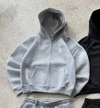 Unisex Hooded Zippered Embroidered Sweatshirt And Pants Set_voghion.com