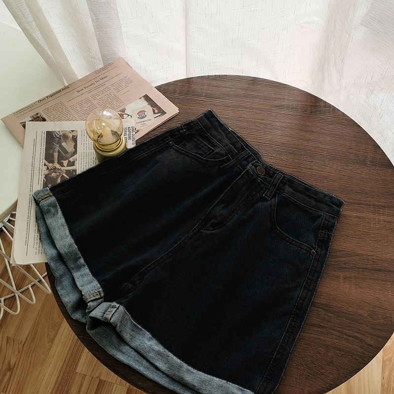 Pantalones cortos de mezclilla para mujer, novedad de verano 2024, estilo coreano, de cintura alta, con borde superenrollado, estilo Instagram, corte A, holgados y de pierna ancha._voghion.com