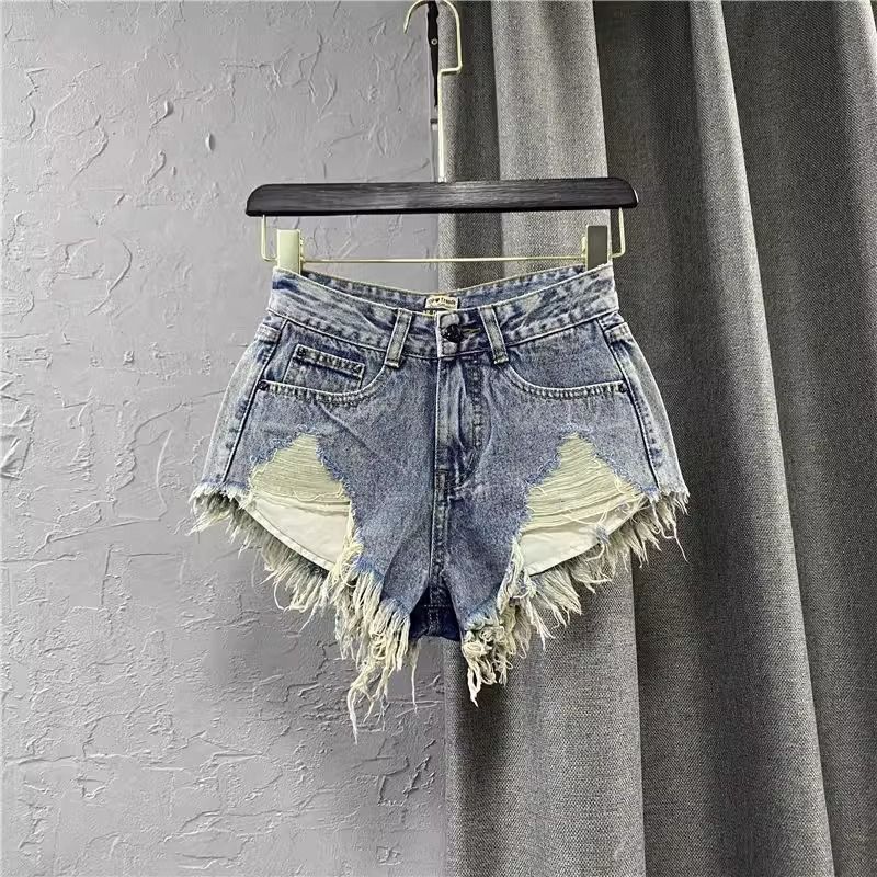 Women's Clothing Slim Fit Ripped Pockets Tassel Raw Edges Nostalgic Color Denim Shorts Sexy Low Waist A Line Hot Pants_voghion.com