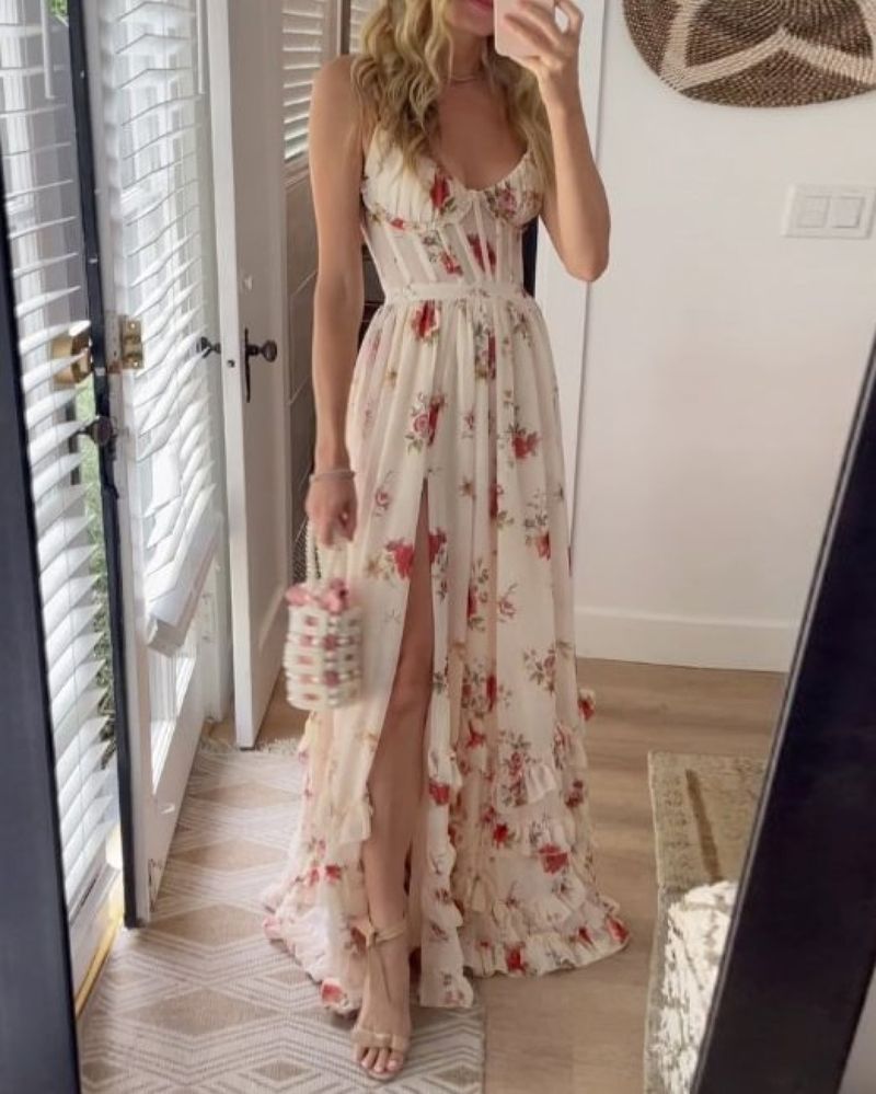 Neues bedrucktes Kleid mit Wickeldesign, langes Kleid für den Urlaub am Meer_voghion.com