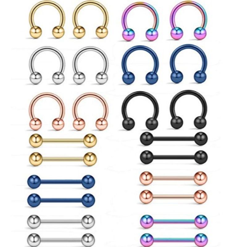 Lot de 24 anneaux de poitrine en acier inoxydable, clous de langue, clous de nez anti-allergie de type C européens et américains, bijoux de perforation_voghion.com