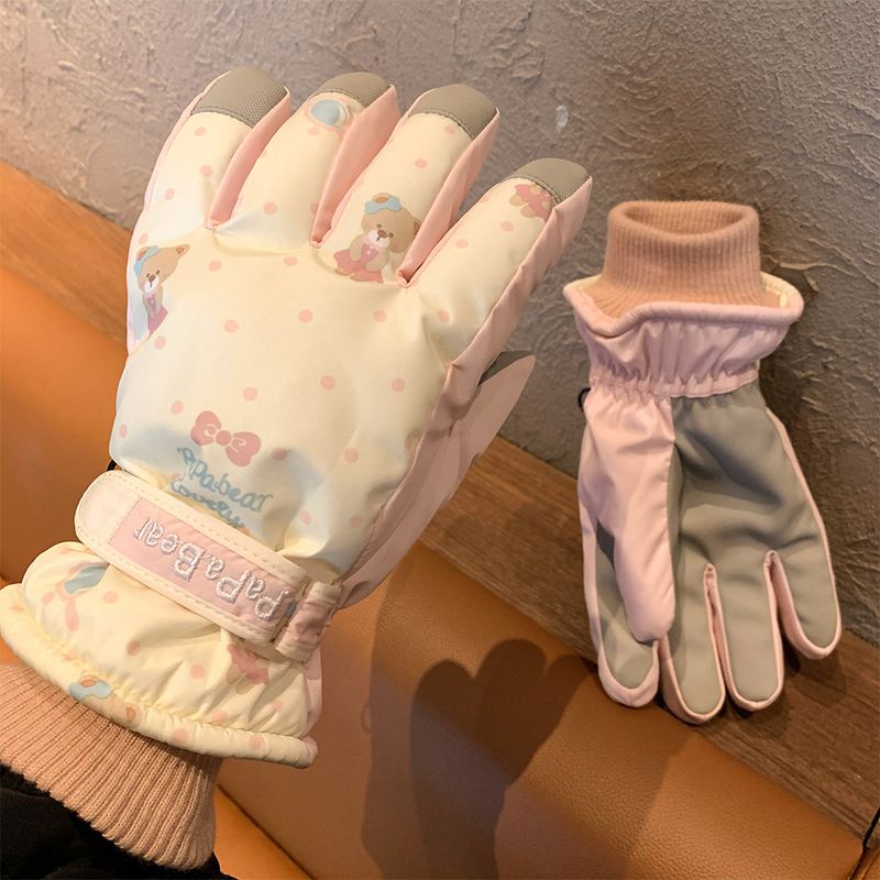Guanti da sci con orsetto beige carini per le donne in inverno, stile coreano, caldi e spessi, antivento e antifreddo per esterni_voghion.com