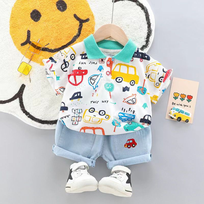 24 New Boys' Summer Fashion Polo Shirt Jeans Two piece Set Korean Children's Wear Car Denim Shorts_voghion.com