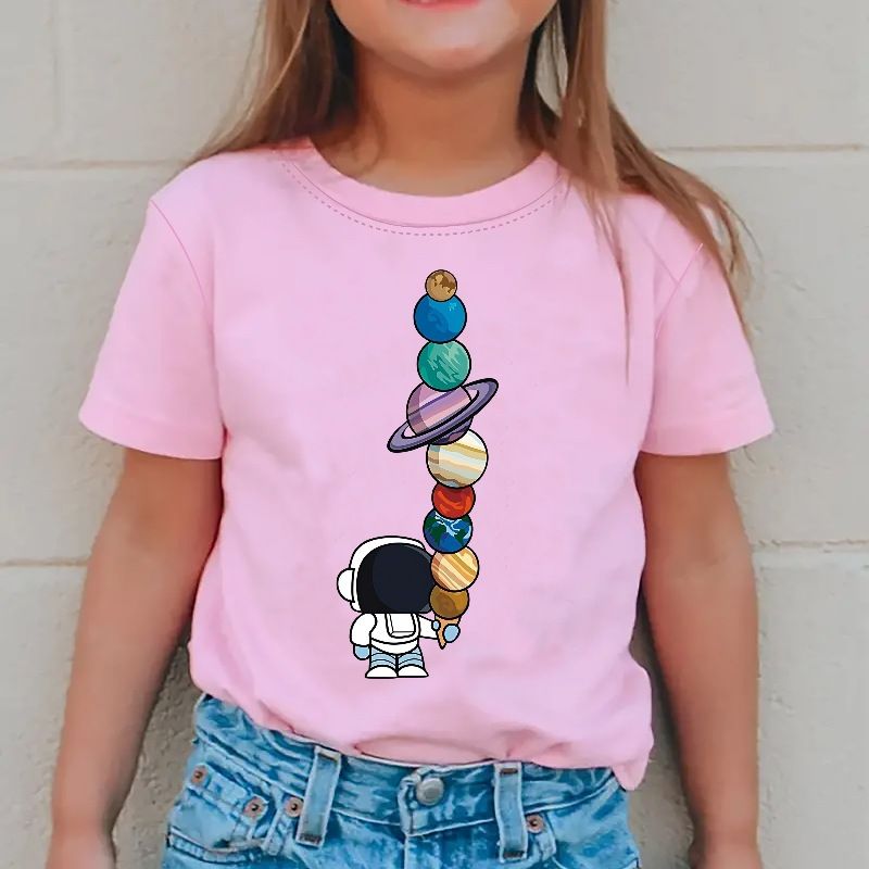 Stilvolles T-Shirt mit Astronauten-Muster für Mädchen, Rundhalsausschnitt, kurzärmelig, geeignet für Kinder im Alter von 1–8 Jahren_voghion.com