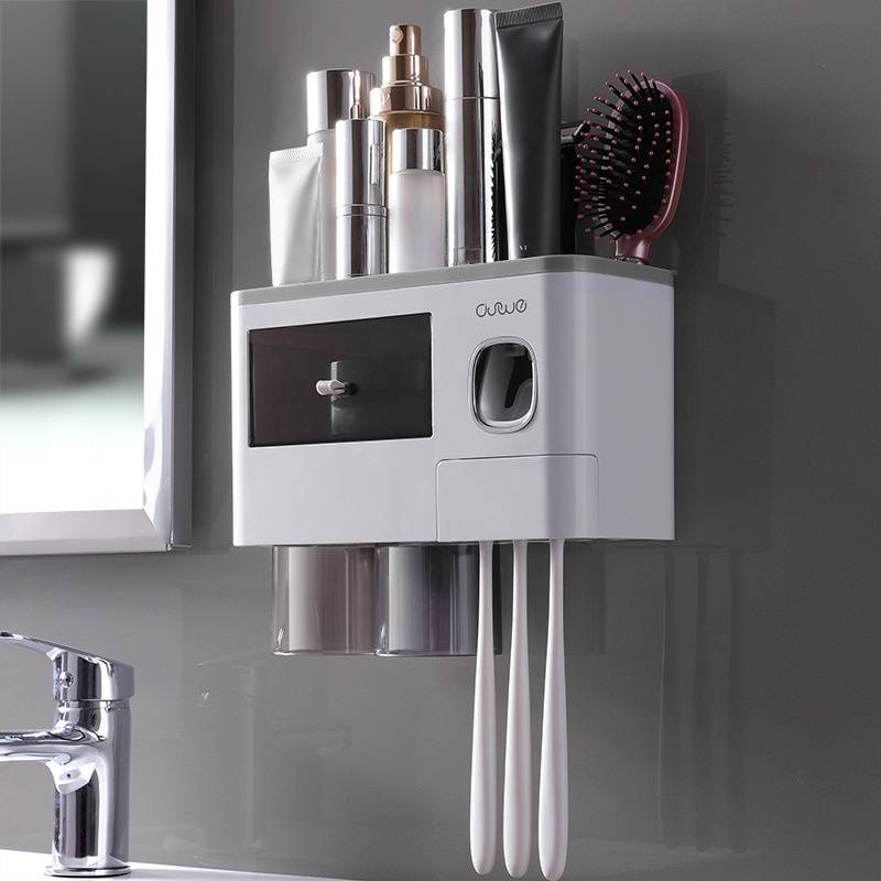 Wall Mount Toothbrush Holder With Auto Toothpaste Dispenser & Storage Drawer - Space Saving Bathroom Organizer For Toothbrush, Cup & Essentials_voghion.com
