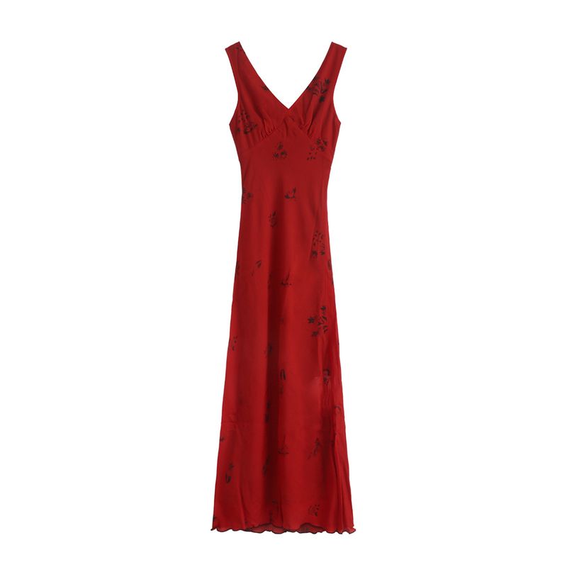 Rosé-rout V-Ausschnëtt Camisole fir d'Summerkollektioun vun de Fraen, Tailletasch, Hip Vakanzerock, laangt, héichwäertegt an elegant Kleed_voghion.com