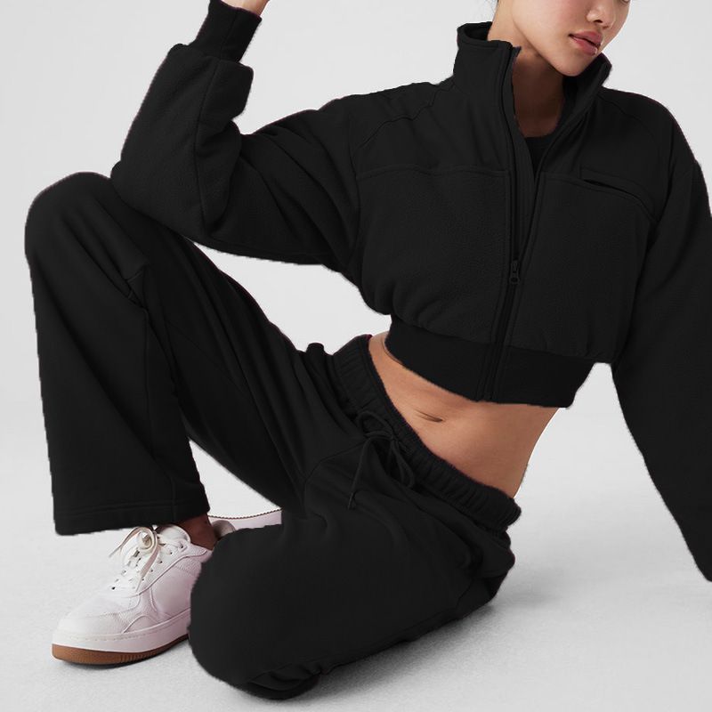 001 Custom Processing Cross-Border Warm Yoga Wear Casual Stand Collar Cardigan Sports Jacket Composite Fleece Set For Women_voghion.com