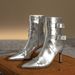 High heel boots Women's silver ankle boots 2023 Fall/winter studded belt buckle mid-barrel pointed heel fashion boots_voghion.com