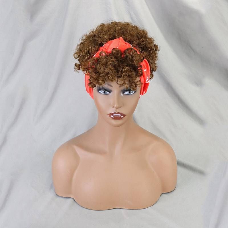 Perucă scurtă cu bandă de susținere pentru femei, păr uman, afro-creț, perucă creță, creță, cu eșarfă, Jerry Curly, perucă de cosplay_voghion.com