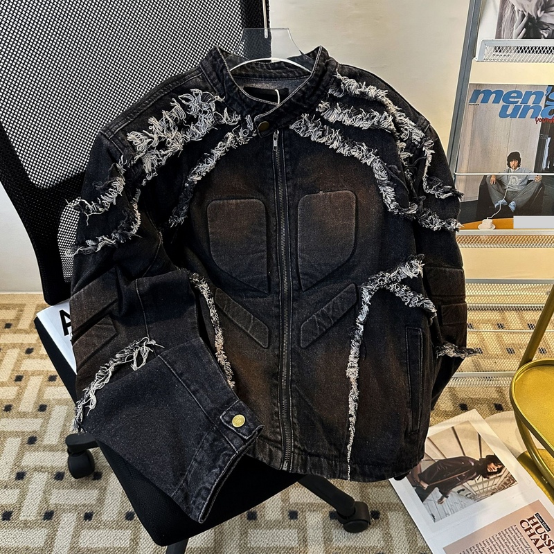 ​Men's Distressed Embroidered Denim Jacket With Shoulder Pads - Retro Style Biker Coat For Men, Stand Collar Loose Fit Casual Outerwear​_voghion.com