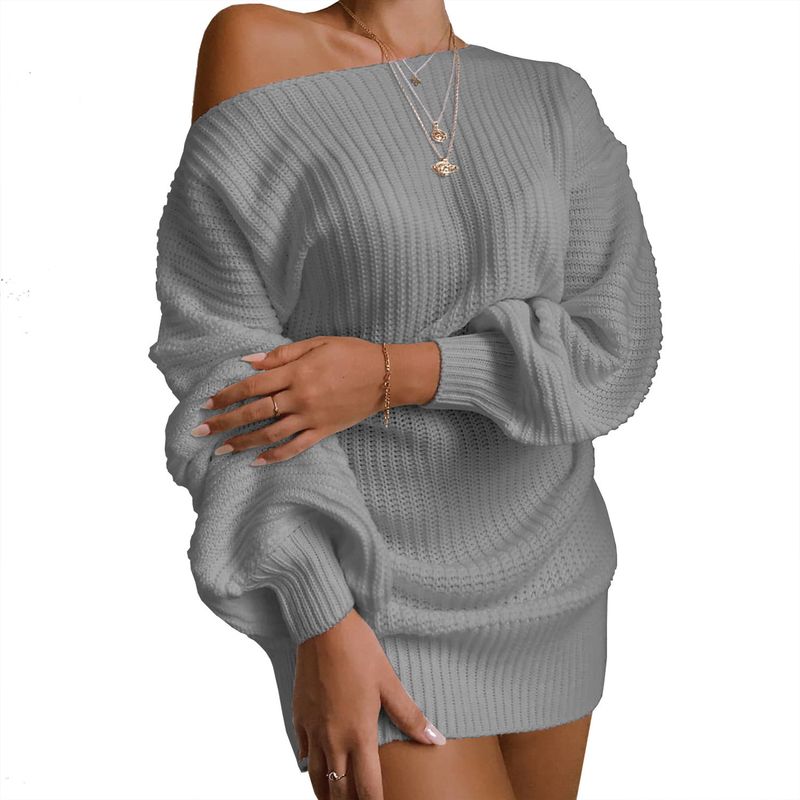 Abito casual in maglia con spalle scoperte e maniche a lanterna da donna_voghion.com