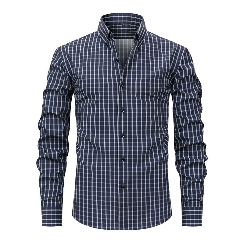 Herrenbekleidung Vierseitiger Stretch-Digitaldruck Kariertes Langarm-Revers-Herrenhemd High-End-Herrenhemd_voghion.com