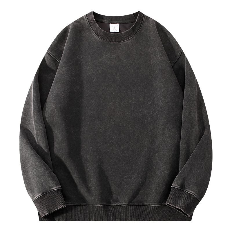 350GSM Heavyweight Washed Cotton Crewneck Sweatshirt – Oversized Drop Shoulder Unisex Pullover (Vintage Wash, Solid Colors, M-XXXL)_voghion.com