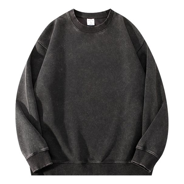 350GSM Heavyweight Washed Cotton Crewneck Sweatshirt – Oversized Drop Shoulder Unisex Pullover (Vintage Wash, Solid Colors, M-XXXL)_voghion.com