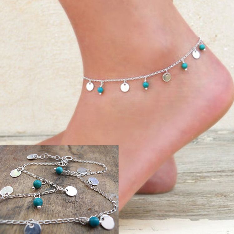 Catena a piede nudo con nappa turchese e paillettes in metallo di alta qualità e alla moda_voghion.com