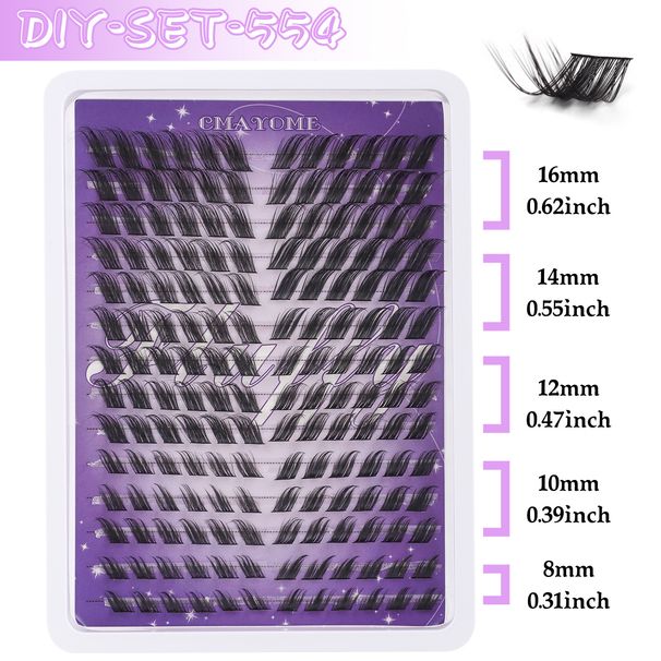 Kit de cílios postiços CMAYOME Cluster - Cílios postiços curvados em C de 8 a 16 mm para um visual volumoso e natural, efeito olho de raposa fino_voghion.com