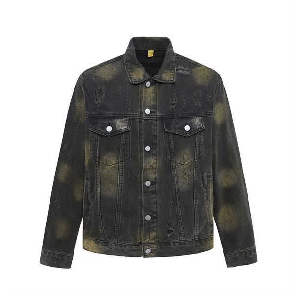 Vintage Black Tie-Dye Denim Jacket - Distressed Workwear Style With Ripped Details & Retro Collar, Oversized Streetwear Coat For Men & Women_voghion.com