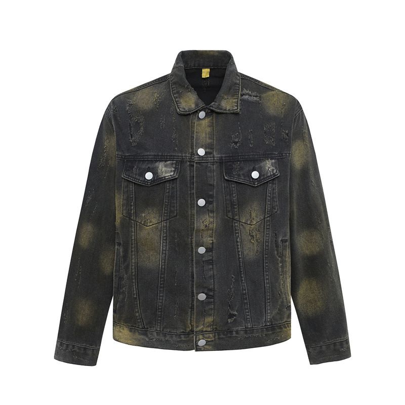 Giacca in denim vintage nero tie-dye - Stile da lavoro usurato con dettagli strappati e colletto retrò, cappotto oversize da streetwear per uomo e donna_voghion.com