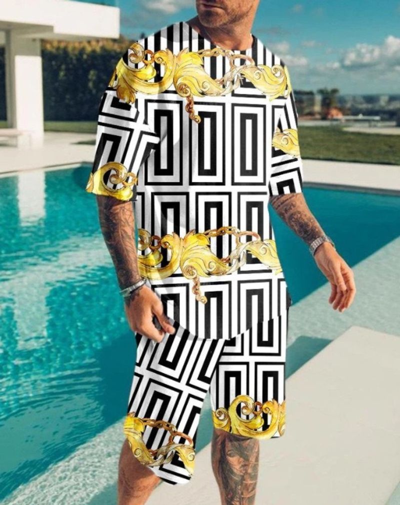 Costume din 2 piese pentru bărbați, ocazional, model Aurora, tricou cu mânecă scurtă și pantaloni scurți pentru piesă, lounge de vacanță, costum sport pentru plajă_voghion.com