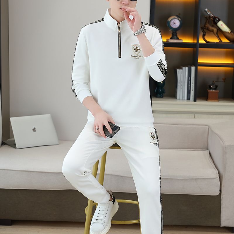Spring and Autumn New Casual Ribbon Stand up Collar Hoodie Set for Men, Light Luxury, Fashionable, Versatile, Pants,_voghion.com