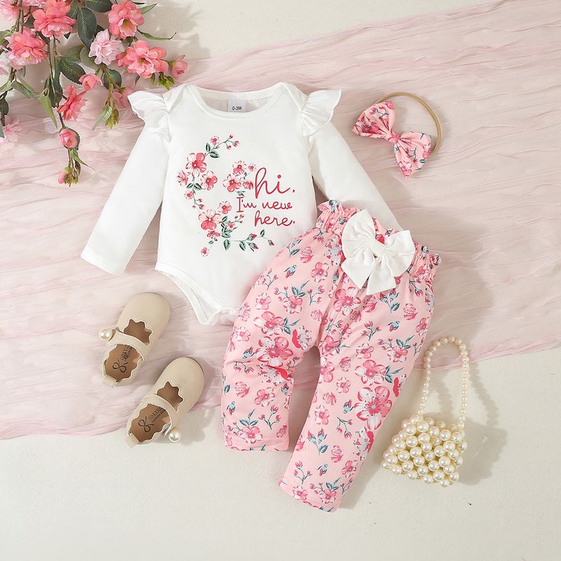 ​​"Sweet Floral & Bow Print Baby Girl 3-Piece Long Sleeve Outfit Set – Soft Cotton Newborn To 12M (0-80cm) Cute & Comfortable"​​_voghion.com
