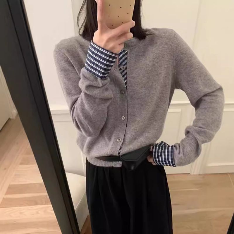 Women's Clothing Knit Cardigan With Patchwork & Faux Two-Piece Design, Single Button Thin Layering Sweater Coat​​_voghion.com