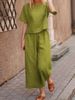 Women's large size suit linen leisure loose solid color suit two-piece suit_voghion.com