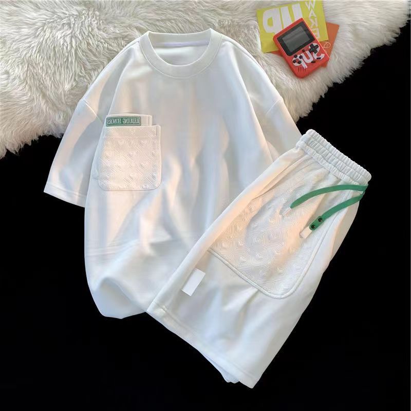 Men's Clothing Love Waffle Suit Men's Summer Loose Hong Kong Style Design Student Shorts Couple Casual Sportswear Two-piece Suit_voghion.com