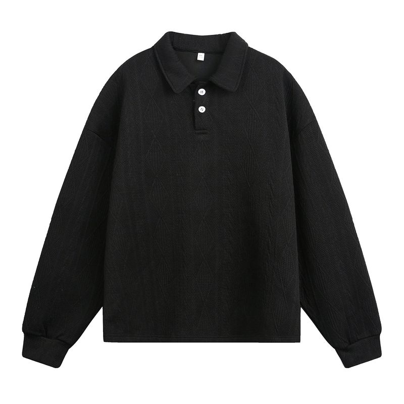 Felpa con colletto polo pesante di ispirazione vintage per uomo - Pullover a maniche lunghe in jacquard testurizzato con stile retrò (nero, bianco sporco)_voghion.com