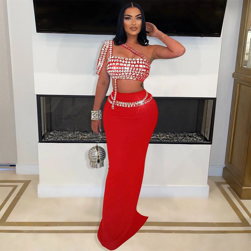 Women's Clothing New Fashion Sling Short Hot Diamond Top With Slim Hip Skirt_voghion.com