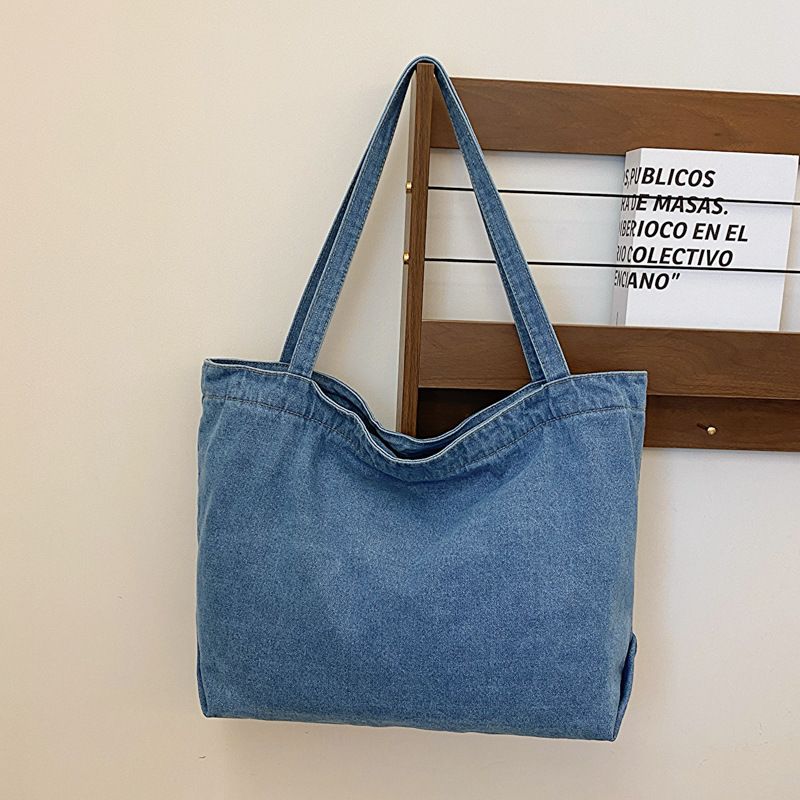 Denim Bag Women's Shoulder Bag Large Capacity Solid Color Washed Denim Bag Student Commuter Shoulder Bag Female Art Casual Handbag_voghion.com