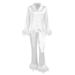 Rosa süße Mode Satin Feder bequeme langärmelige Hose Pyjama zweiteiliges Set Homewear_voghion.com