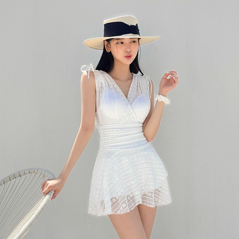 GraceChic GraceChic Source Factory Solid Color Goddess Mesh Design Conservative Waist Slimming Hot Spring High-End Simple Gathered One-Piece_voghion.com
