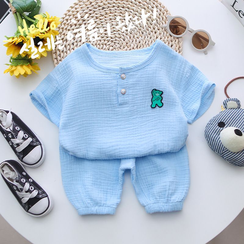 Boys set, solid color cute little bear short sleeved baby summer 2024 new children's stylish two-piece cotton set_voghion.com
