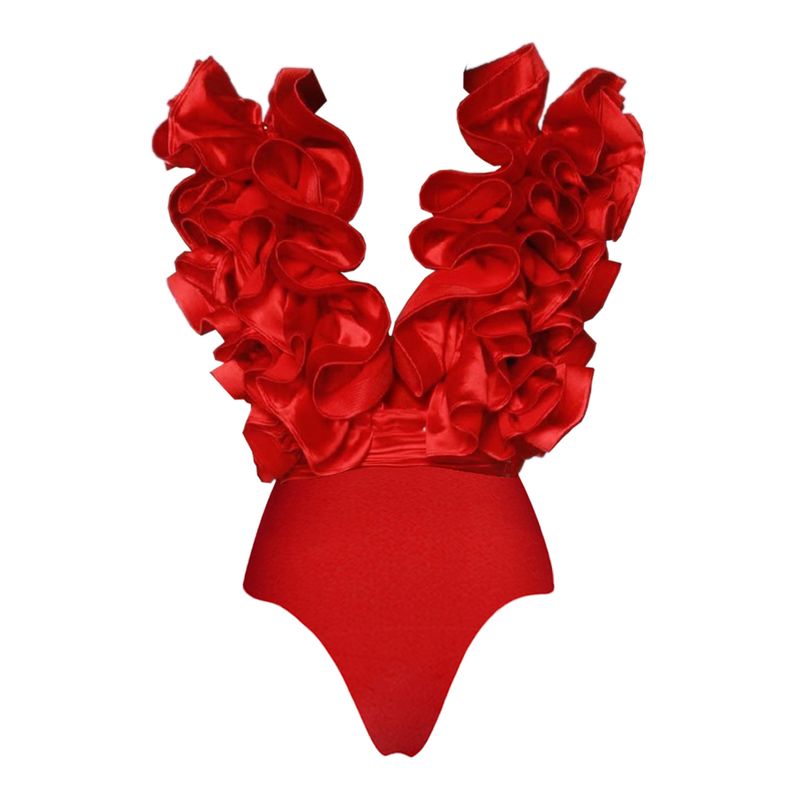 Traje de baño con falda irregular y cuello en V de encaje para mujer_voghion.com