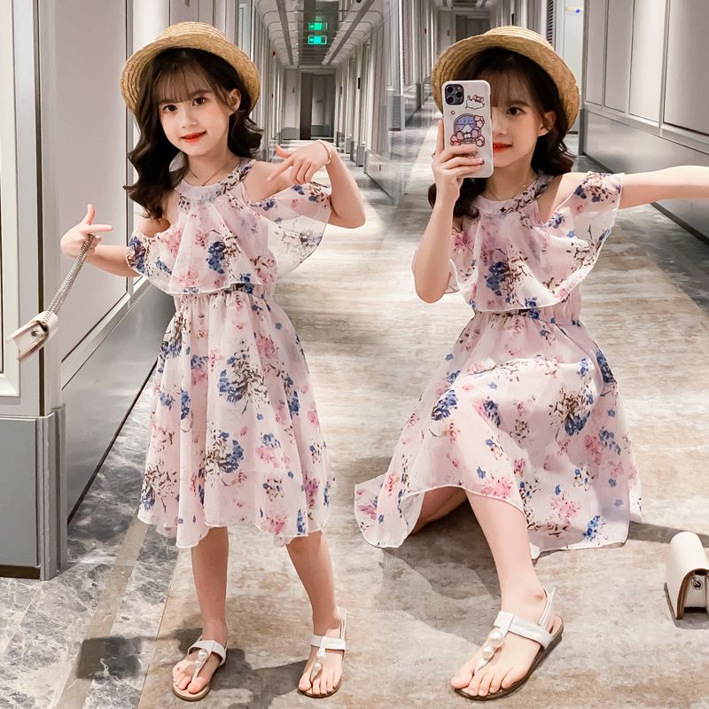 Moeder & Kinderen Meisjes zomerrok 2024 nieuwe stijl meisje stijlvolle bedrukte rok middelgrote en grote kinderen Koreaanse zomer chiffon jurk_voghion.com