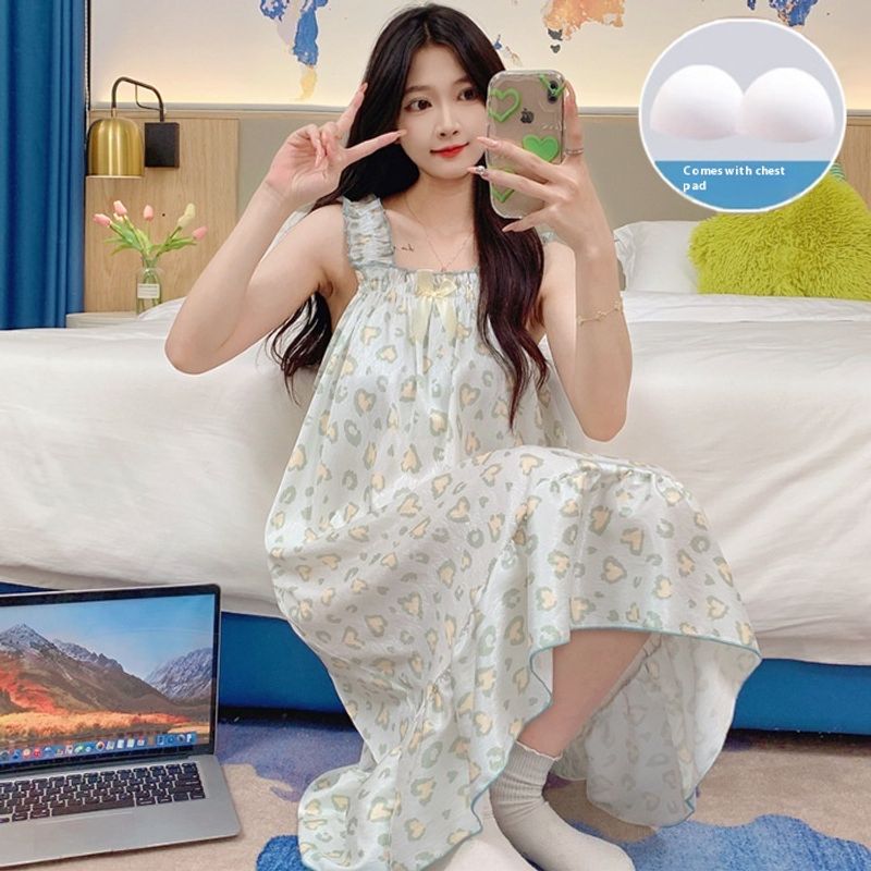 2024 new summer ice silk herringbone diagonal suspender nightgown women with fixed chest cushion,  sweet and suitable for_voghion.com