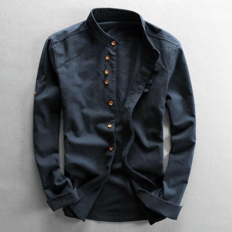 Herren langärmelige Herbst-Casual-Leinen-Hemdjacke im chinesischen Stil mit Stehkragen und schmaler Passform für Männer_voghion.com