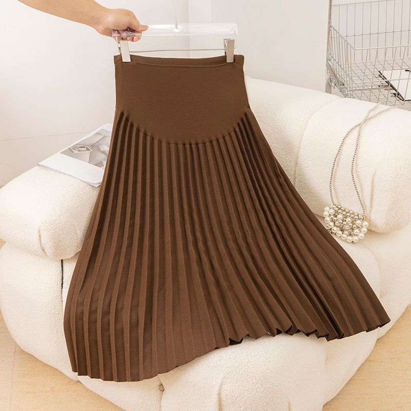 8358 # Autunno Inverno Moda Gonne premaman a pieghe Vita elastica Pancia Una linea di abiti casual per le donne incinte_voghion.com