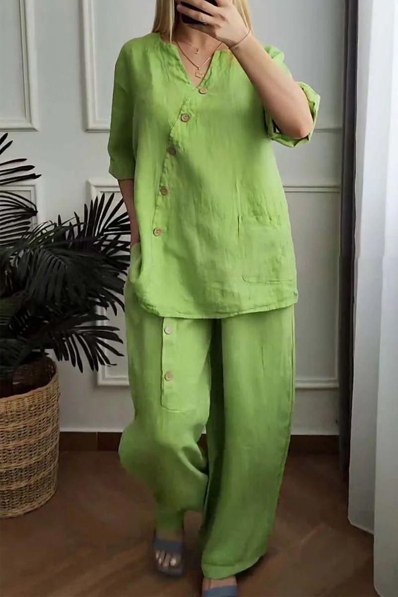 Women's clothing new solid color cotton and linen suit three-quarter sleeve top wide-leg pants two-piece suit women's clothing_voghion.com