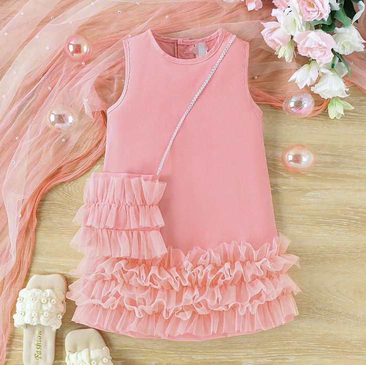 Baoxin Kinderkleidung Sommer Mädchen Kleid Ärmellos A Linie Kuchen Mesh Rock + Tasche Prinzessin Kleid_voghion.com