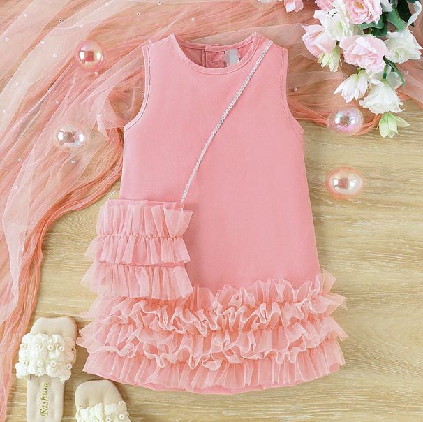 Baoxin Kinderkleidung Sommer Mädchen Kleid Ärmellos A Linie Kuchen Mesh Rock + Tasche Prinzessin Kleid_voghion.com