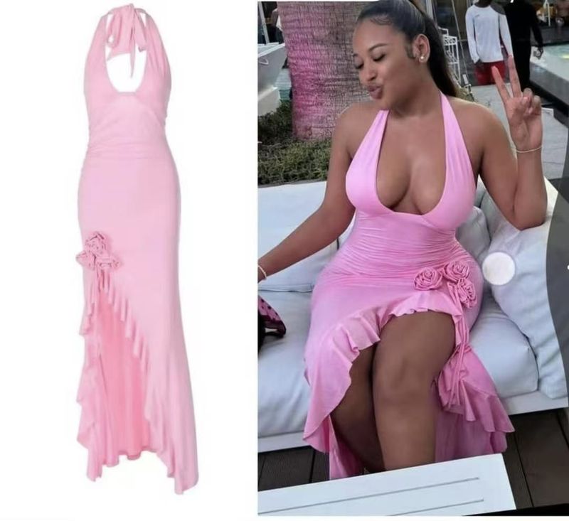 Vestido de mujer con decoración floral, sexy, de color sólido, ajustado, de cintura alta, con cuello halter, tirantes y espalda descubierta_voghion.com
