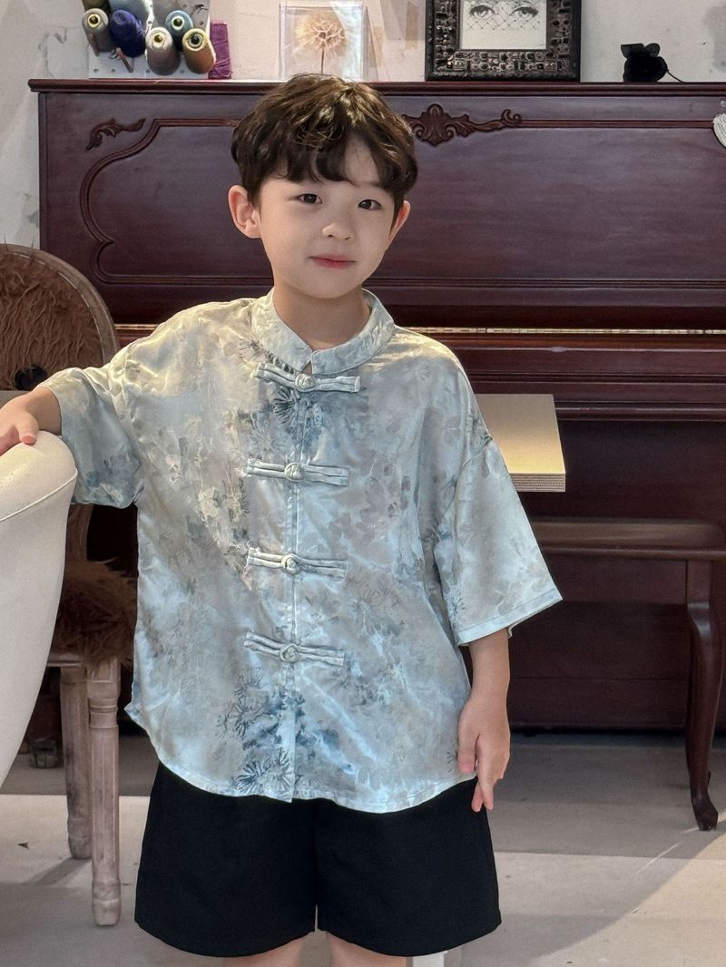 24 sommer Südkoreanische kinder Tragen Weiche Satin Jacquard Neue Chinesische Stil Pan Taste Kurzen ärmeln Hemd für Mittleren_voghion.com