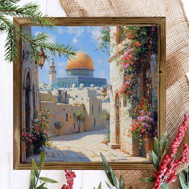"8x8" Boho Ramadan Mosque Wood Art - Decorazione murale islamica per camera da letto/soggiorno - Regalo Eid con cornice senza elettricità con scena di strada vivace_voghion.com