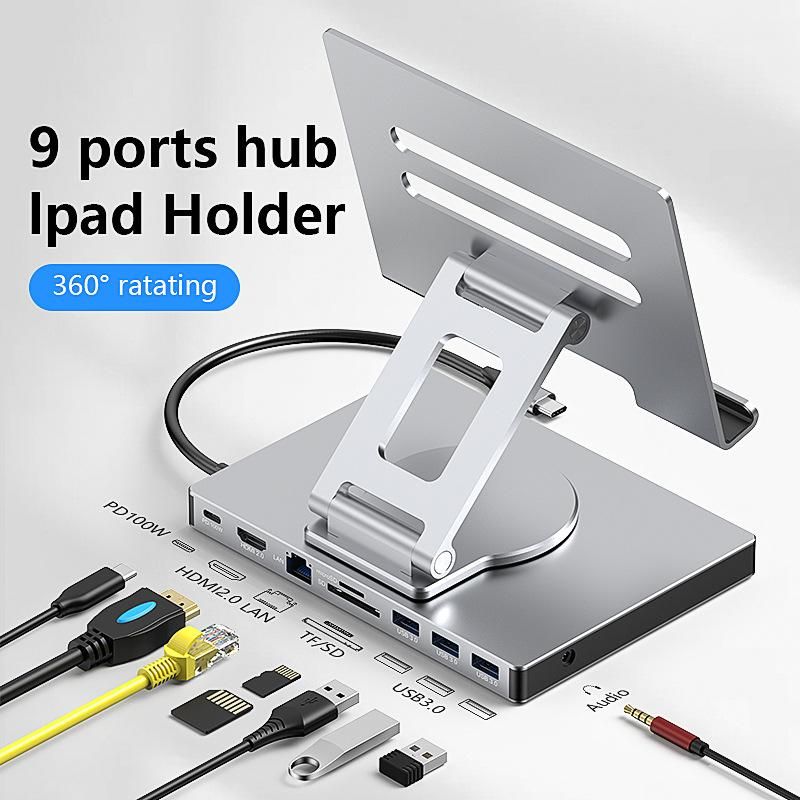 Tablet Swivel Bracket Type-C Docking Station 4K/60Hz Gigabit Ethernet Port USB3.0 Splitter Hub Converter_voghion.com