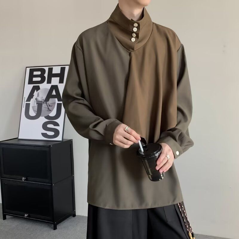 Retro Design Patchwork Stand Up Collar Shirt Men's Long Sleeved Loose Drape Shirt For Spring_voghion.com