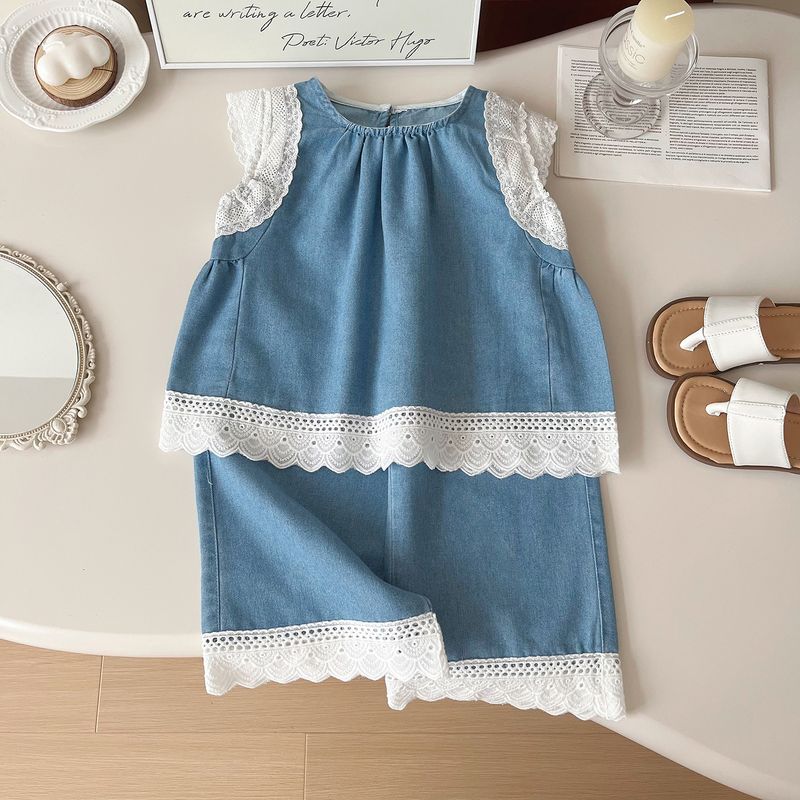 Ensemble pantalon et short en denim sans manches pour fille, nouvelle édition coréenne d'été 2024, deux pièces, 24315_voghion.com