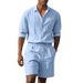 Adatto a tutte le stagioni, completo estivo in lino, due pezzi, stile americano, semplice, da spiaggia, con camicia a maniche lunghe e pantaloncini da uomo._voghion.com