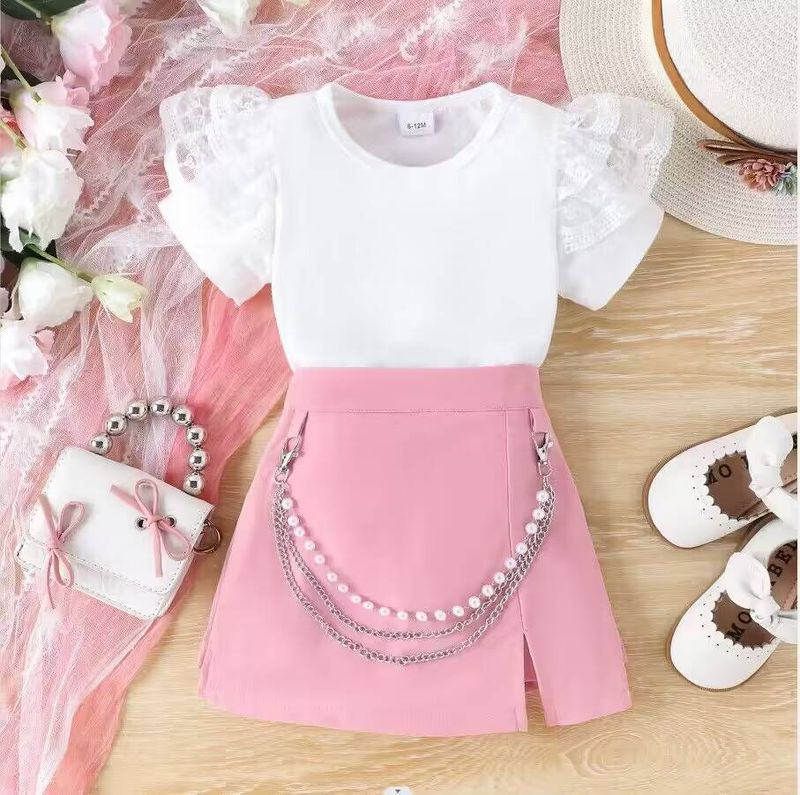Mother&Kids Summer solid color flying sleeve short sleeve dress set two-piece lovely princess style_voghion.com